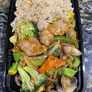 Sweet and Sour Chicken with Mixed Veggies and Fried Rice