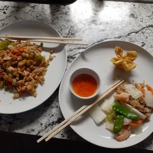 Left is Hunan chicken, right is shrimp with Chinese vegetables and a wonton.