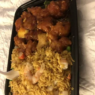 Orange chicken with shrimp fried rice