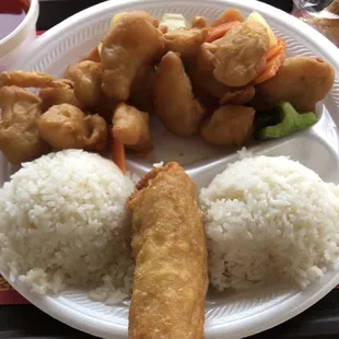 Lunch Sweet and Sour Chicken Egg Roll Steamed Rice
