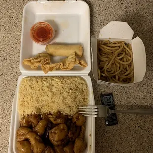 General Tso&apos;s chicken, dinner combo, with a small side of lo mein.