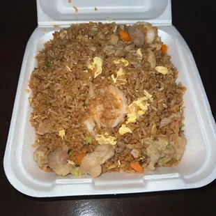 House, fried rice with beef, shrimp, pork, and eggs.