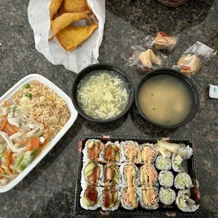 3 roll lunch special, chicken chow mein, Crab Rangoon.  Both the rolls and chow mein came with a soup.  $30
