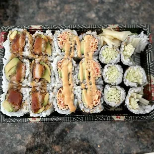 From the left: Kani Tempura Avocado Roll (AMAZING), Spicy California Roll, Cucumber Roll.  Comes with soup.  $14.95 at lunch.
