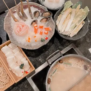 Seafood Platter, Veggies, Udon Noodles, Mushrooms