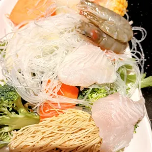 My selection of ingredients from the buffet to simmer in my broth selection.