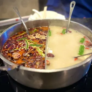 a close up of a pot of soup