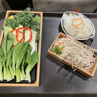 Vegetable Platter (Left), Beef Tripe (Top Right), Thick Noodle (Bottom Right)