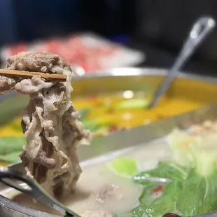 chopsticks holding up a piece of meat