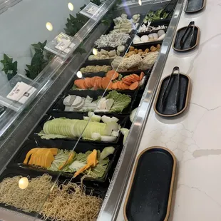 Buffet noodles, sea food and fish cakes.