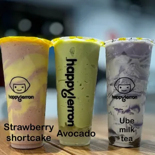 Strawberry shortcake, avocado with lychee, ube milk tea