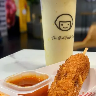 a fried chicken and a drink