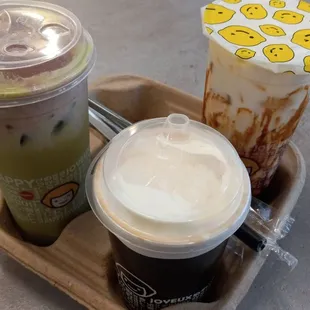 Matcha Milk Tea with tiramisu salted cheese. Hot milk tea with salted cheese. Okinawa brown sugar boba.