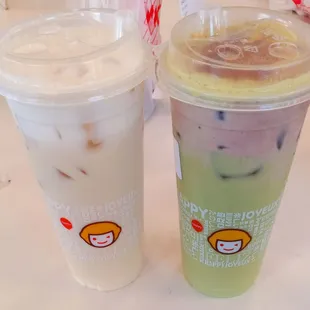 Large iced oolong milk tea with salted cheese and large A7 matcha with tiramisu foam
