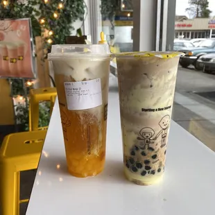 Milk Tea with Boba &amp; Puff Cream (Added Taro Balls), Mango Jasmine Green Tea with Rock Salt Crema (Added Mango Popping Boba)