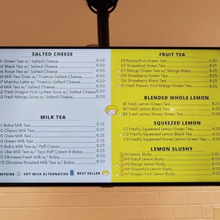 menu and prices on the wall