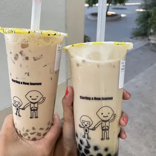 (L) Milk tea with taro balls &amp; (R) Winter melon milk tea with boba.