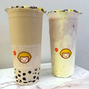 B3. Milk Tea with Rock Salt Crema (L) &amp; K5. Strawberry Shortcake Smoothie (R)