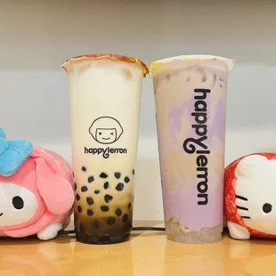 Dark Brown Sugar Classic Milk + Ube Slush Taro Puff w lychee jelly