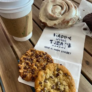 Coffee, gluten free donut, honey cinnamon roll, and 2 free cookies!