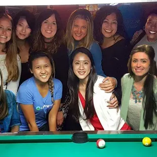 a group of women playing pool