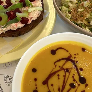 Smoked Fish Toast, Shredded Caesar Salad, squash Butternut-Turmeric Soup