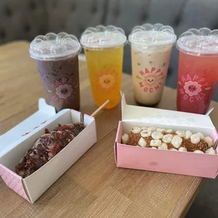 Ube Coffee, Passionfruitea, Happy Mochi, Very Strawberry Fruittea, Western Mochi dog, Signature Mochi dog