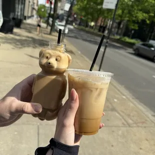 We got the tyme is honey, and salted caramel latte, they were both delicious. The tyme is honey latte comes in the cutest teddy bear jar!