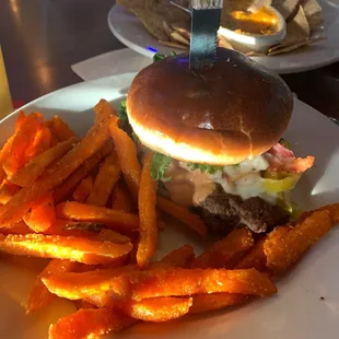 Moosey burger with sweet potato fries