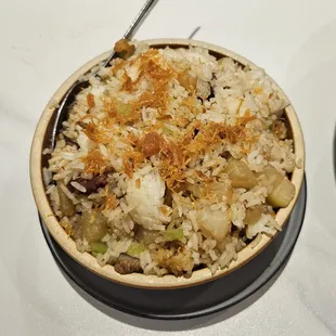 Dried scallops Chinese sausage with vegetable rice.  Not a true clay pot.