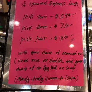 Lunch express prices as of 11/21/17
