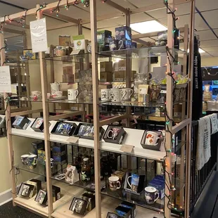a display of coffee mugs
