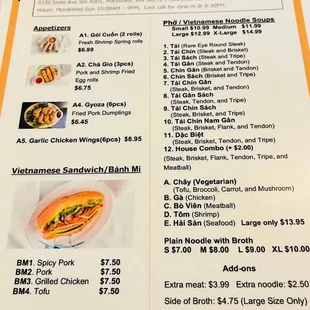 Pho menu