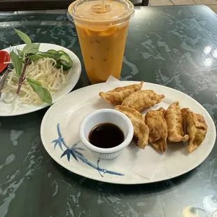 Gyoza and Thai ice tea.