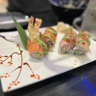 Rainbow dragon and yellowtail jalapeño rolls