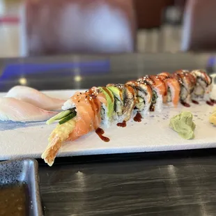 Hamachi nigiri $6.95, Rainbow dragon $16.95 (kinda $ for the portion)