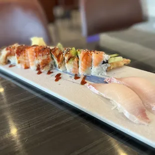 Hamachi nigiri and rainbow dragon roll