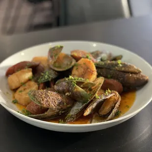 Build Your Own Platter: mussels, scallops, shausage in a Cajun garlic butter sauce.
