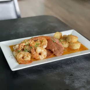 Shrimp, Sausage, Scallop. Cajun garlic butter.