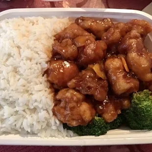 Orange chicken combination platter. General Tso's chicken from this place is better in my opinion, but this was also very delicious.