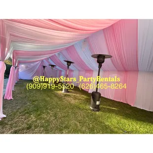 Pink/White Draping Decor with Chandeliers