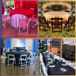 Round tables with different table cover combinations to choose from. All well combined with resin chairs for elegance.