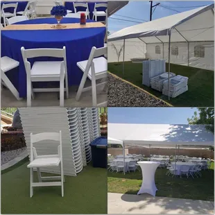 Canopy, resin chairs, round tables with table covers and cocktail tables.