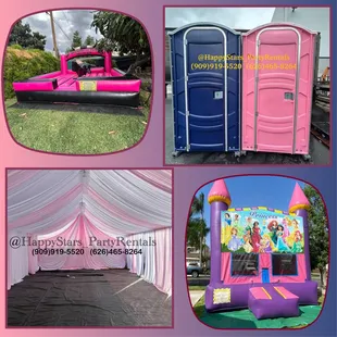 Mechanical bull ride. 
Portable toilets. 
Draping decor with chandeliers. 
Princess bounce house