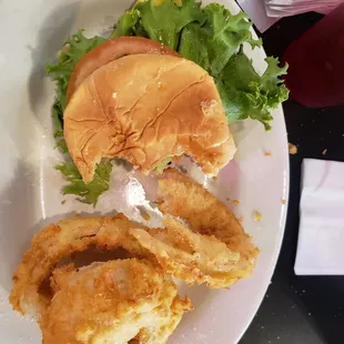Burger and onion rings