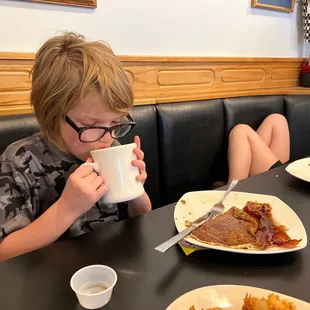 Delicious coffee and pancakes.