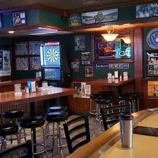 a bar with stools and tables