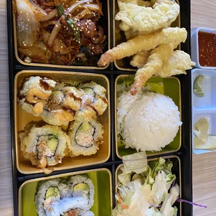 a bento box of food