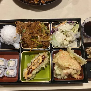 Spicy Chicken Teriyaki &amp; Dinner Bento.  Tempura, Gyoza, California Roll, Mariners Roll, Pork Bulgogi.