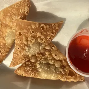 Pork wontons and sweet sauce.